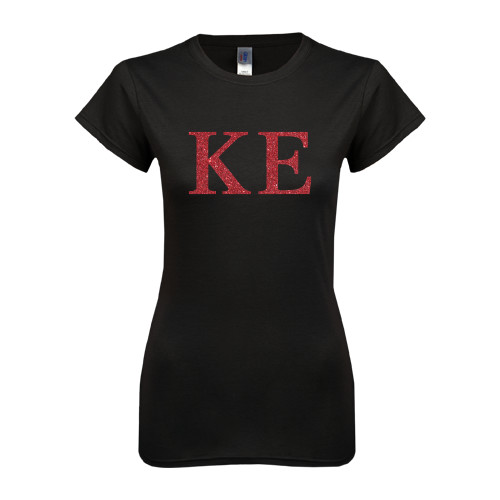 Next Level Womens Black Boyfriend Tee-Greek Letters Glitter