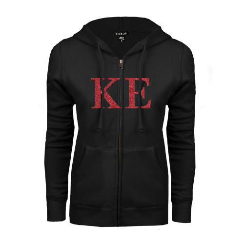ENZA Womens Black Fleece Full Zip Hoodie-Greek Letters Glitter