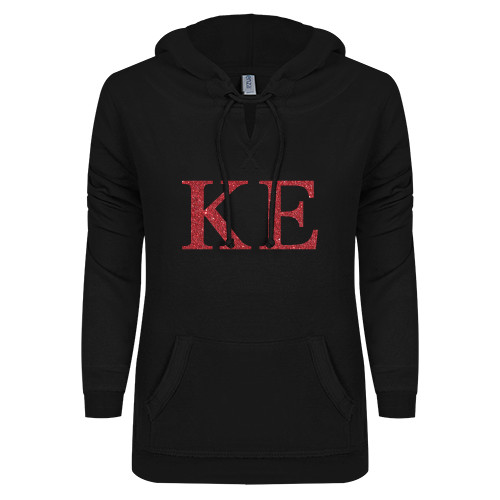 ENZA Womens Black V Notch Raw Edge Fleece Hoodie-Greek Letters Glitter