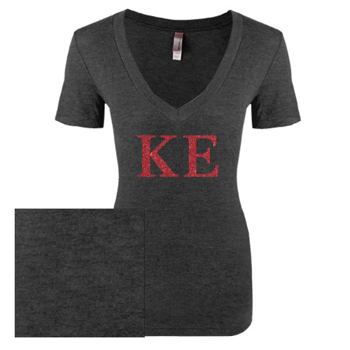 Next Level Womens Vintage Black Tri Blend V Neck Tee-Greek Letters Glitter