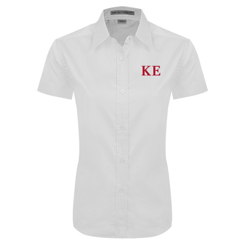 Womens White Twill Button Up Short Sleeve-One Color Greek Letters
