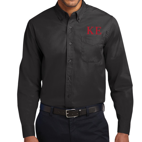 Black Twill Button Down Long Sleeve-One Color Greek Letters
