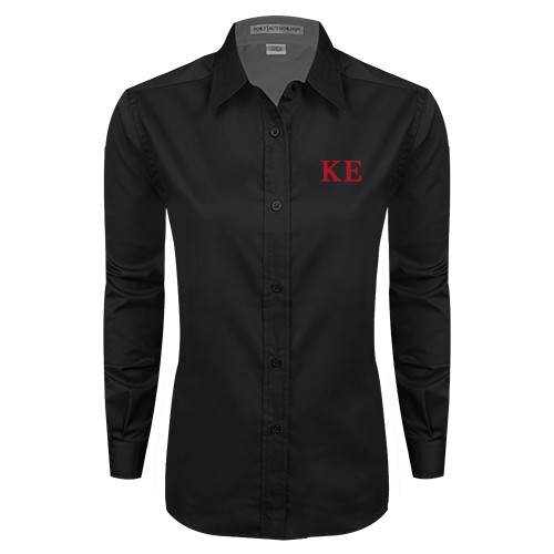 Womens Black Twill Button Down Long Sleeve -One Color Greek Letters