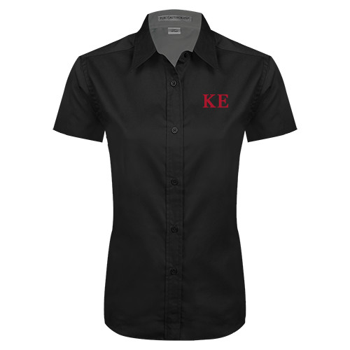 Womens Black Twill Button Up Short Sleeve-One Color Greek Letters