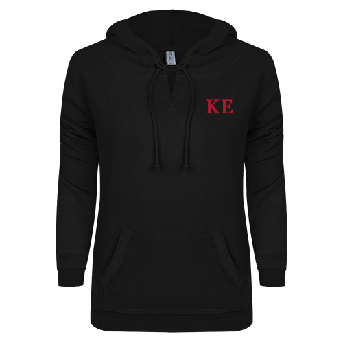 ENZA Womens Black V Notch Raw Edge Fleece Hoodie-One Color Greek Letters