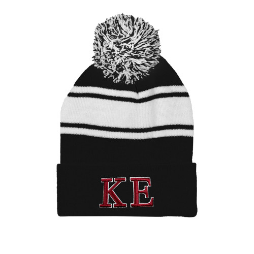 Black/White Two Tone Knit Pom Beanie w/Cuff-Two Color Greek Letters