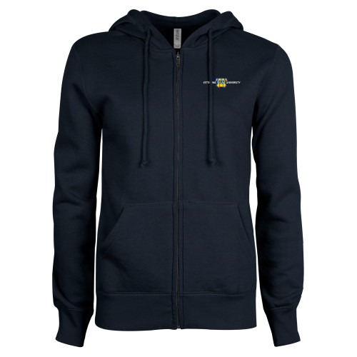  ENZA Womens Navy Fleece Full Zip Hoodie - Kettering University with Mascot Head