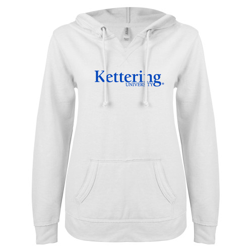  ENZA Womens White V Notch Raw Edge Fleece Hoodie - Kettering University Wordmark