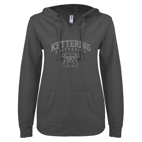  ENZA Womens Dark Heather V Notch Raw Edge Fleece Hoodie - A Silver Soft Glitter