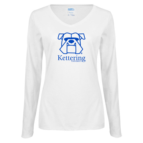  Womens White Long Sleeve V Neck Tee - Primary Mark