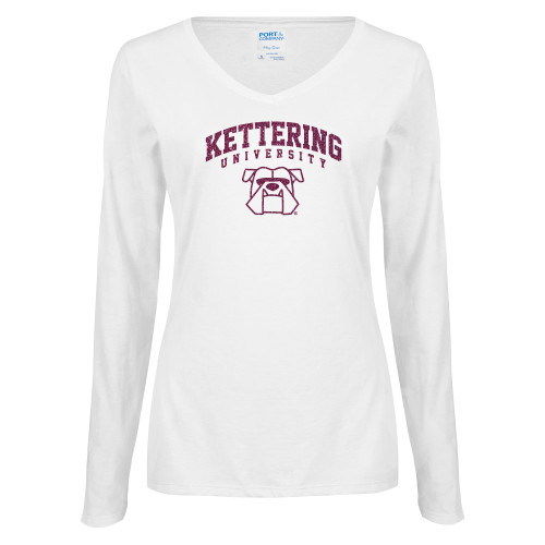 Womens White Long Sleeve V Neck Tee - L Pink Glitter