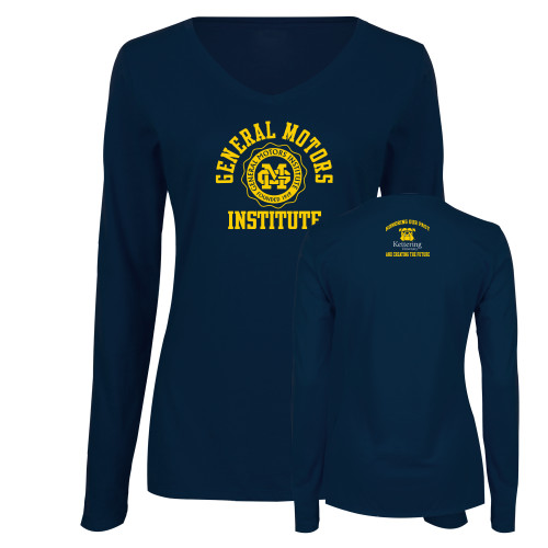  Womens Navy Long Sleeve V Neck Tee - General Motors Institute