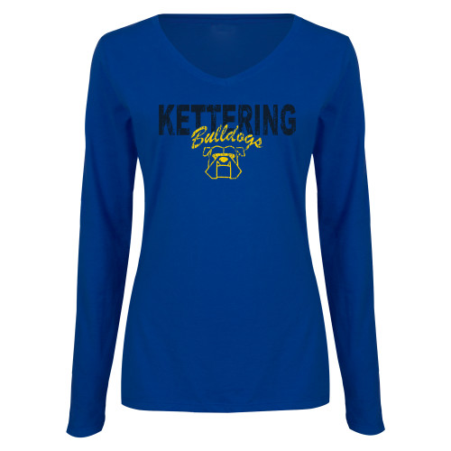  Womens Royal Long Sleeve V Neck Tee  - Kettering Bulldogs Distressed