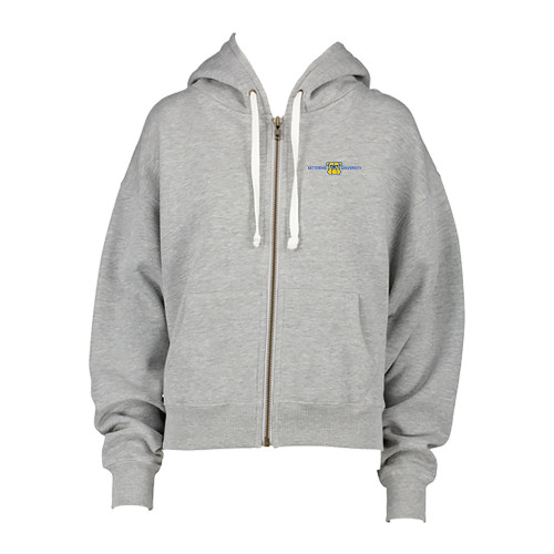  ENZA Womens Grey Boxy Full Zip Hood - Kettering University with Mascot Head