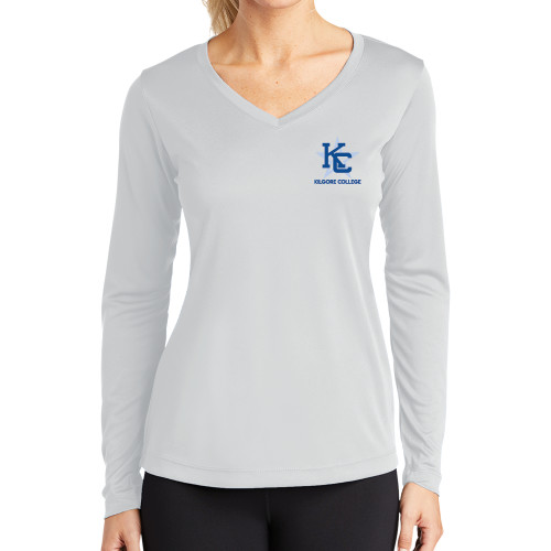  Womens White Performance Long Sleeve V Neck Shirt - Primary