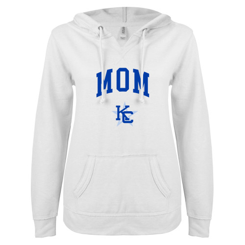  ENZA Womens White V Notch Raw Edge Fleece Hoodie - Mom