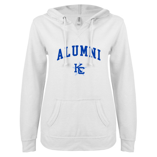  ENZA Womens White V Notch Raw Edge Fleece Hoodie - Alumni