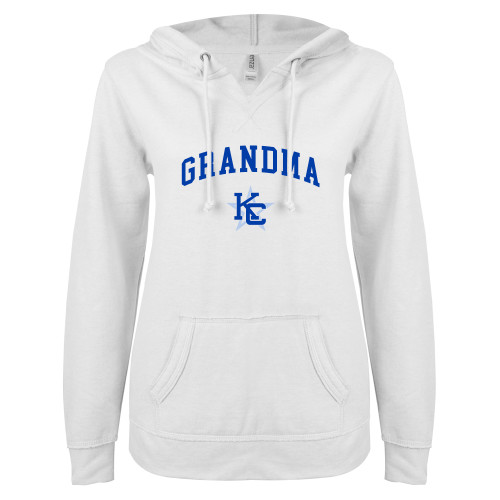  ENZA Womens White V Notch Raw Edge Fleece Hoodie - Grandma