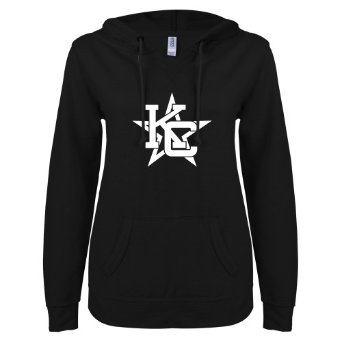  ENZA Womens Black V Notch Raw Edge Fleece Hoodie - KC