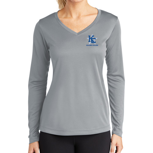  Womens Grey Performance Long Sleeve V Neck Shirt - Primary