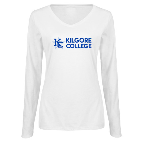  Womens White Long Sleeve V Neck Tee - Kilgore Horizontal