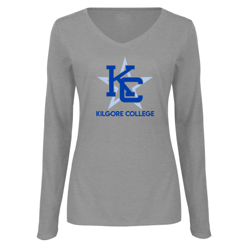  Womens Grey Long Sleeve V Neck Tee  - Primary