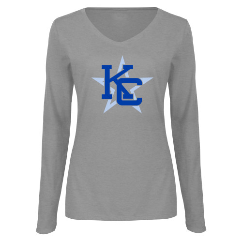  Womens Grey Long Sleeve V Neck Tee  - KC