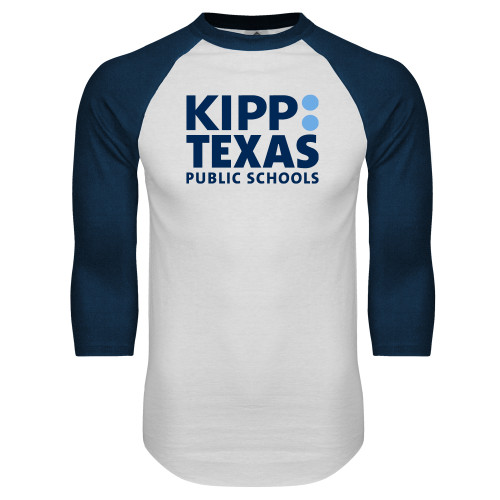 White/Navy Raglan Baseball T Shirt-KIPP Texas Stacked Logo
