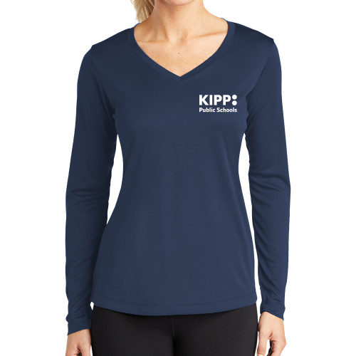 Womens Navy Performance Long Sleeve V Neck Shirt-KIPP Public Schools