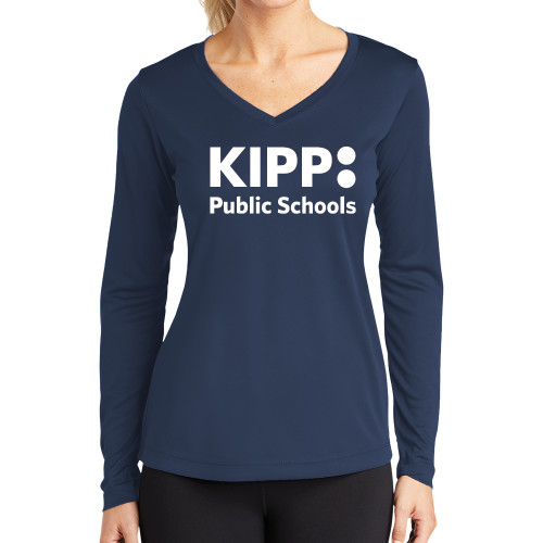 Womens Navy Performance Long Sleeve V Neck Shirt-KIPP Public Schools