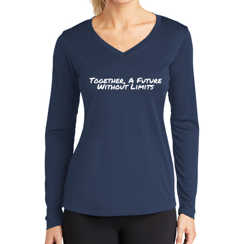 Womens Navy Performance Long Sleeve V Neck Shirt-Tagline