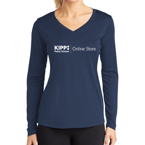 Womens Navy Performance Long Sleeve V Neck Shirt-Online Store
