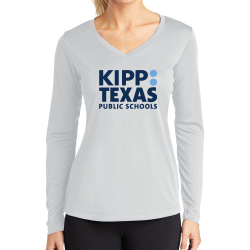 Womens White Performance Long Sleeve V Neck Shirt-KIPP Texas Stacked Logo