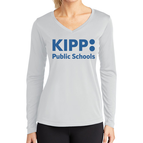 Womens White Performance Long Sleeve V Neck Shirt-KIPP Public Schools