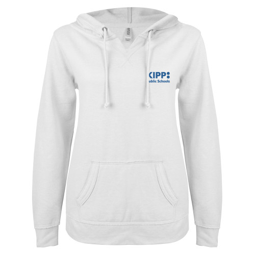 ENZA Womens White V Notch Raw Edge Fleece Hoodie-KIPP Public Schools