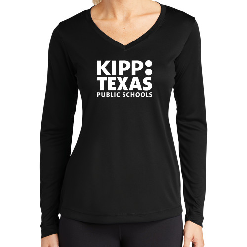 Womens Black Performance Long Sleeve V Neck Shirt-KIPP Texas Stacked Logo