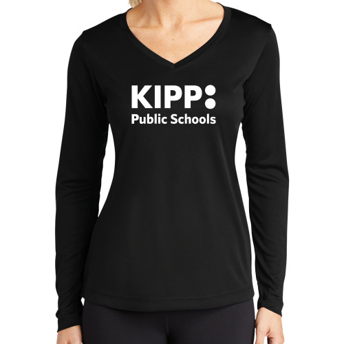 Womens Black Performance Long Sleeve V Neck Shirt-KIPP Public Schools