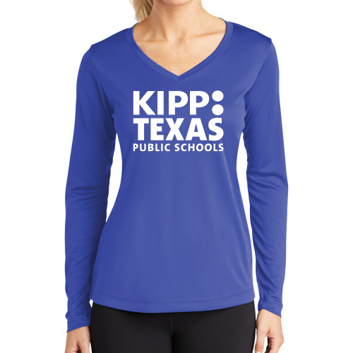 Womens Royal Performance Long Sleeve V Neck Shirt-KIPP Texas Stacked Logo