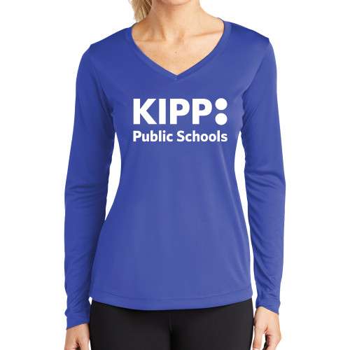 Womens Royal Performance Long Sleeve V Neck Shirt-KIPP Public Schools