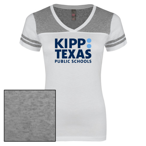 Womens White/Heather Grey Varsity V Neck Tee -KIPP Texas Stacked Logo