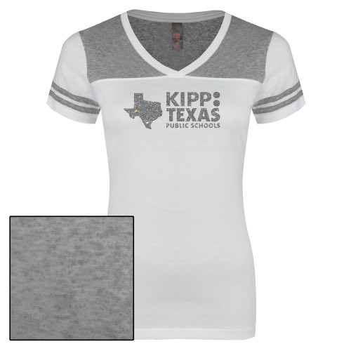 Womens White/Heather Grey Varsity V Neck Tee -A Silver Soft Glitter