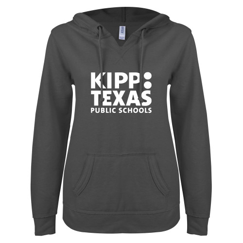 ENZA Womens Dark Heather V Notch Raw Edge Fleece Hoodie-KIPP Texas Stacked Logo
