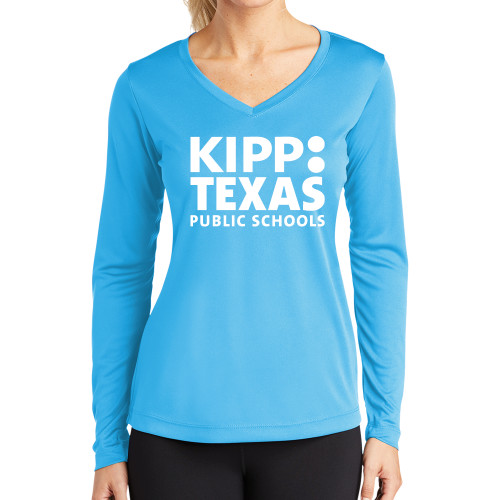Womens Light Blue Performance Long Sleeve V Neck Shirt-KIPP Texas Stacked Logo
