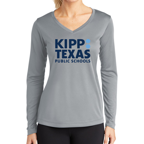Womens Grey Performance Long Sleeve V Neck Shirt-KIPP Texas Stacked Logo