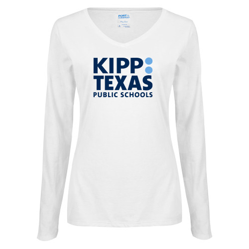 Womens White Long Sleeve V Neck Tee-KIPP Texas Stacked Logo