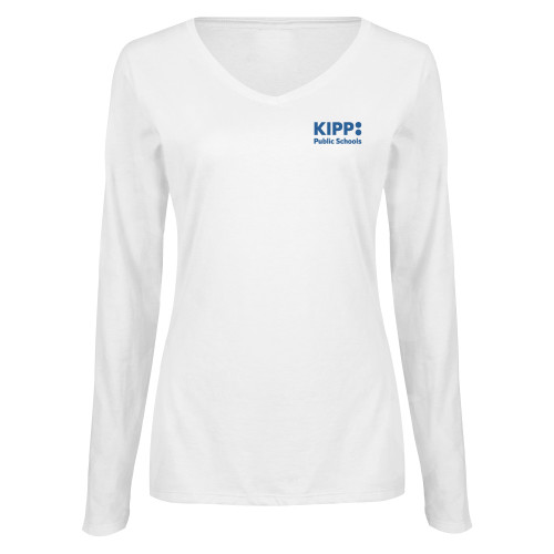 Womens White Long Sleeve V Neck Tee-KIPP Public Schools