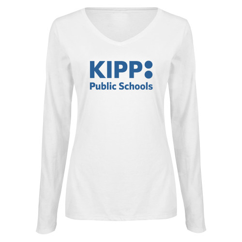Womens White Long Sleeve V Neck Tee-KIPP Public Schools