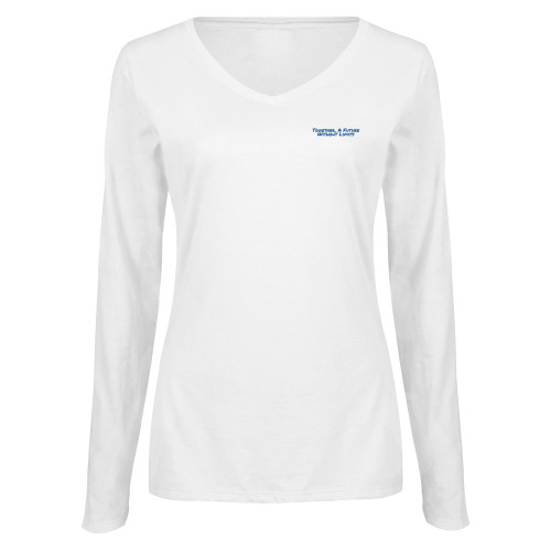 Womens White Long Sleeve V Neck Tee-Tagline