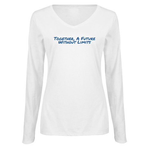 Womens White Long Sleeve V Neck Tee-Tagline