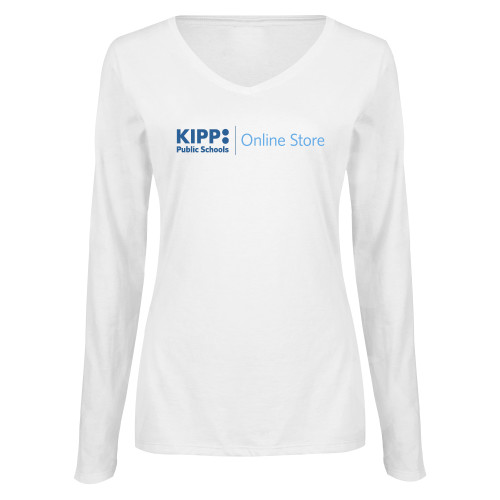 Womens White Long Sleeve V Neck Tee-Online Store